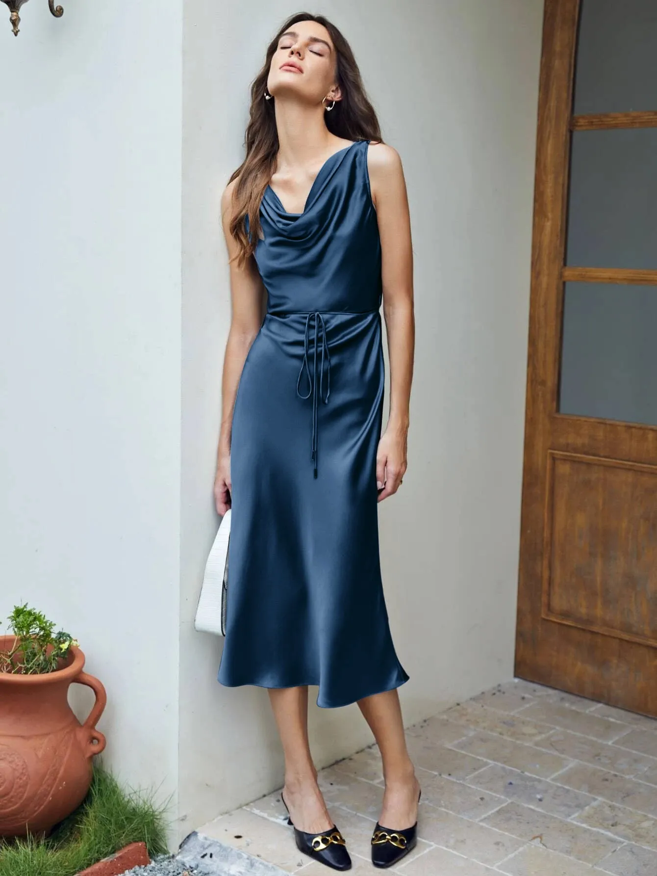 100% Silk Cowl Neck Sleeveless One Piece Dress With Belts