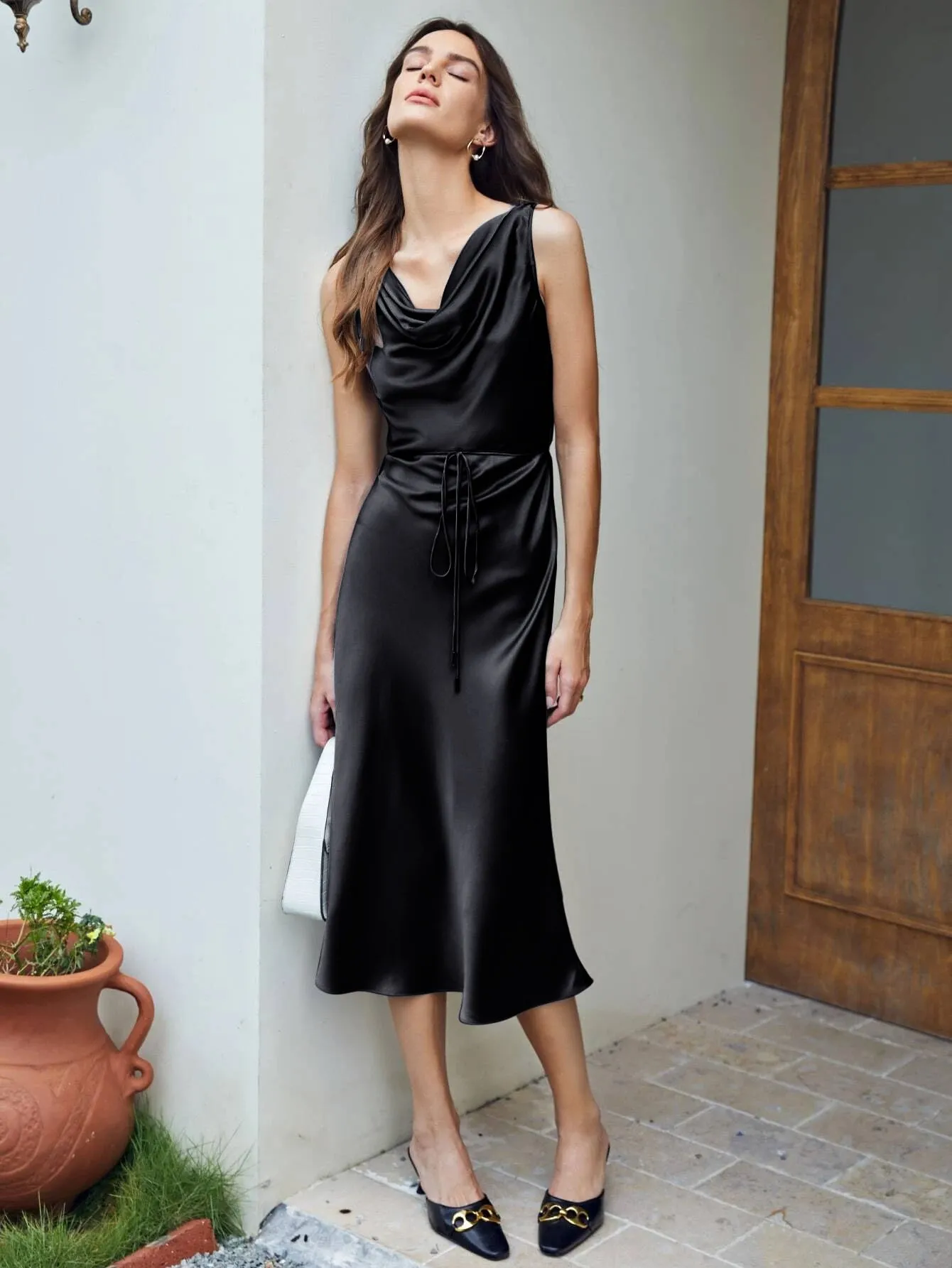 100% Silk Cowl Neck Sleeveless One Piece Dress With Belts