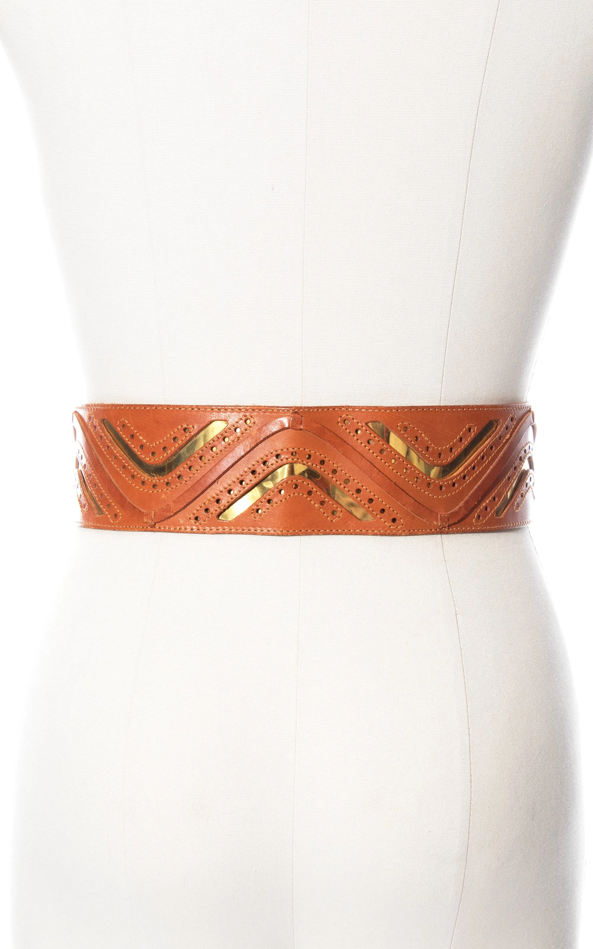 1970s Gold Foil & Brown Leather Cinch Belt | medium