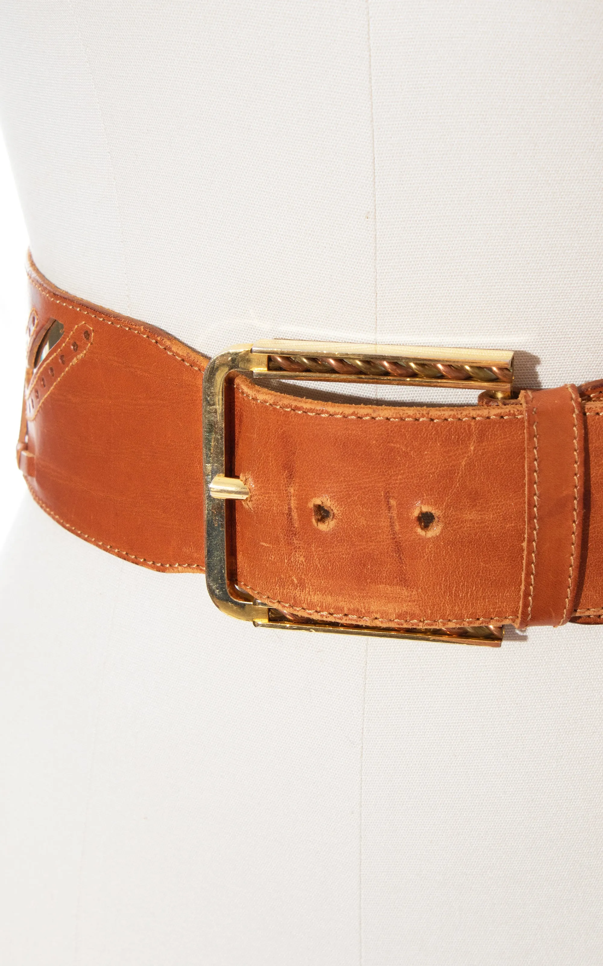 1970s Gold Foil & Brown Leather Cinch Belt | medium
