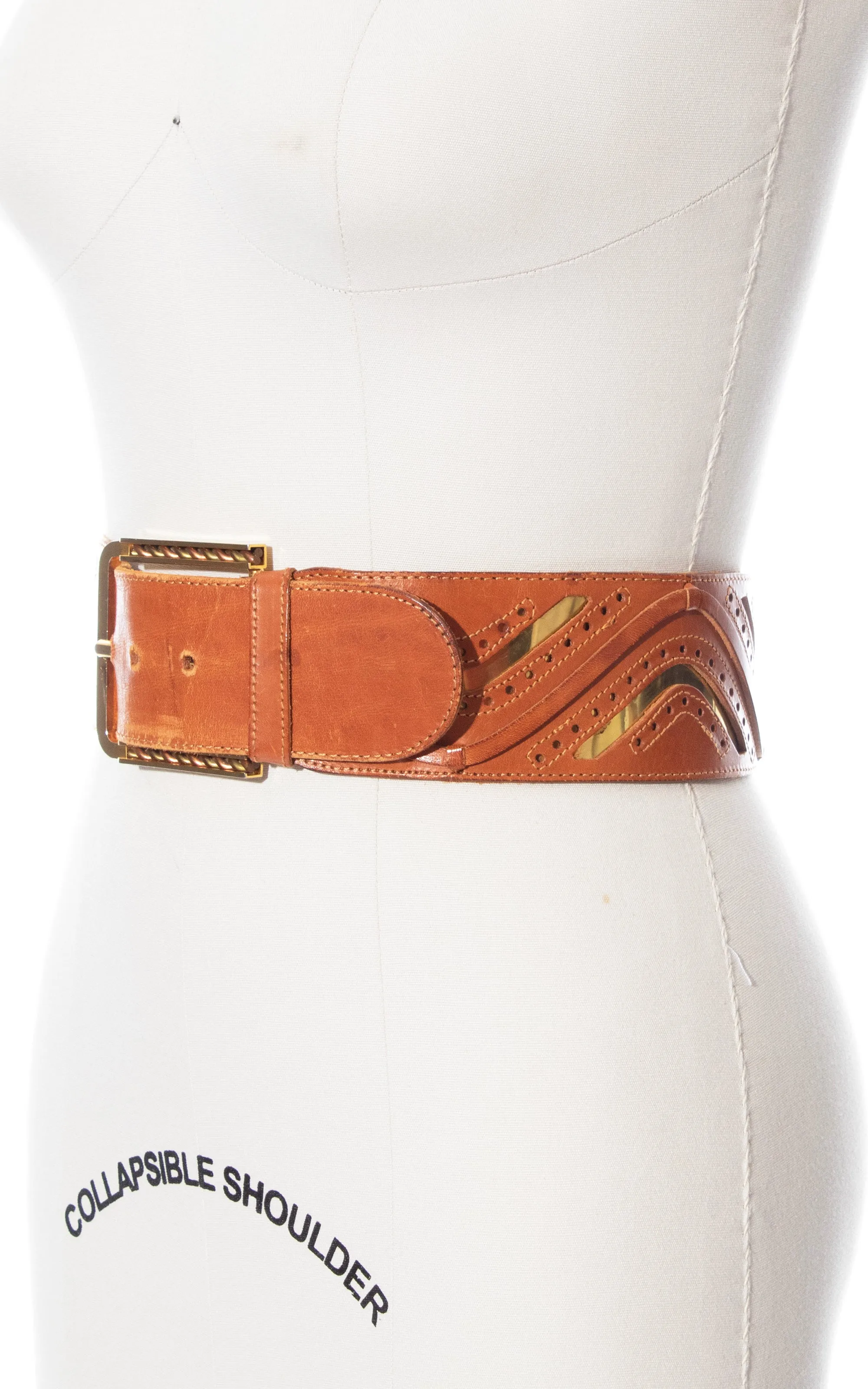 1970s Gold Foil & Brown Leather Cinch Belt | medium