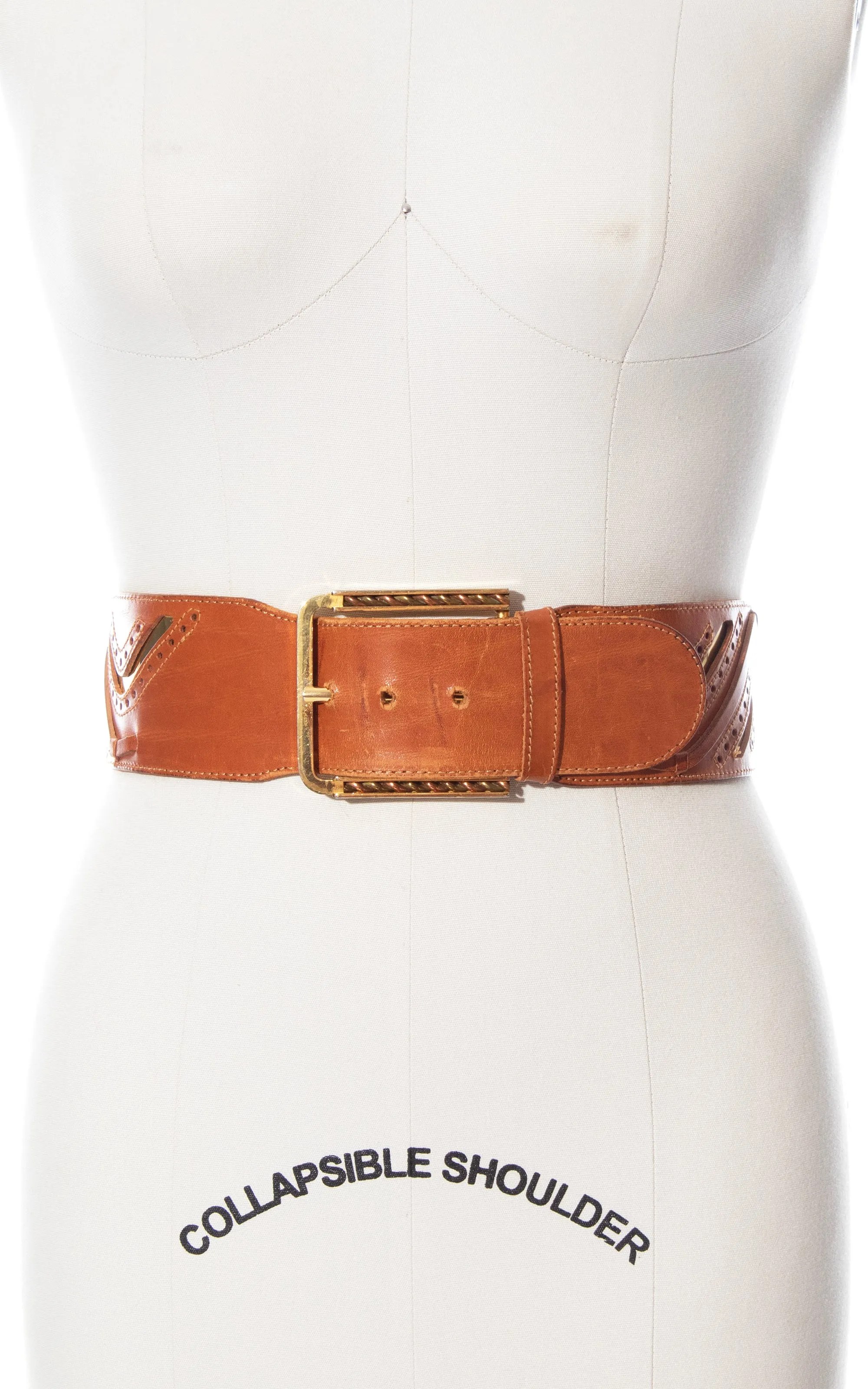 1970s Gold Foil & Brown Leather Cinch Belt | medium