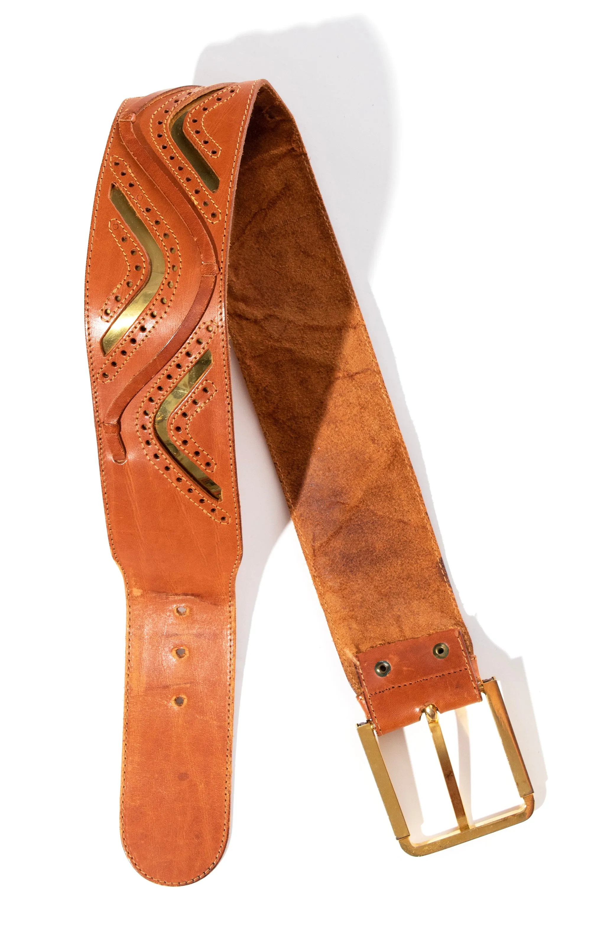 1970s Gold Foil & Brown Leather Cinch Belt | medium