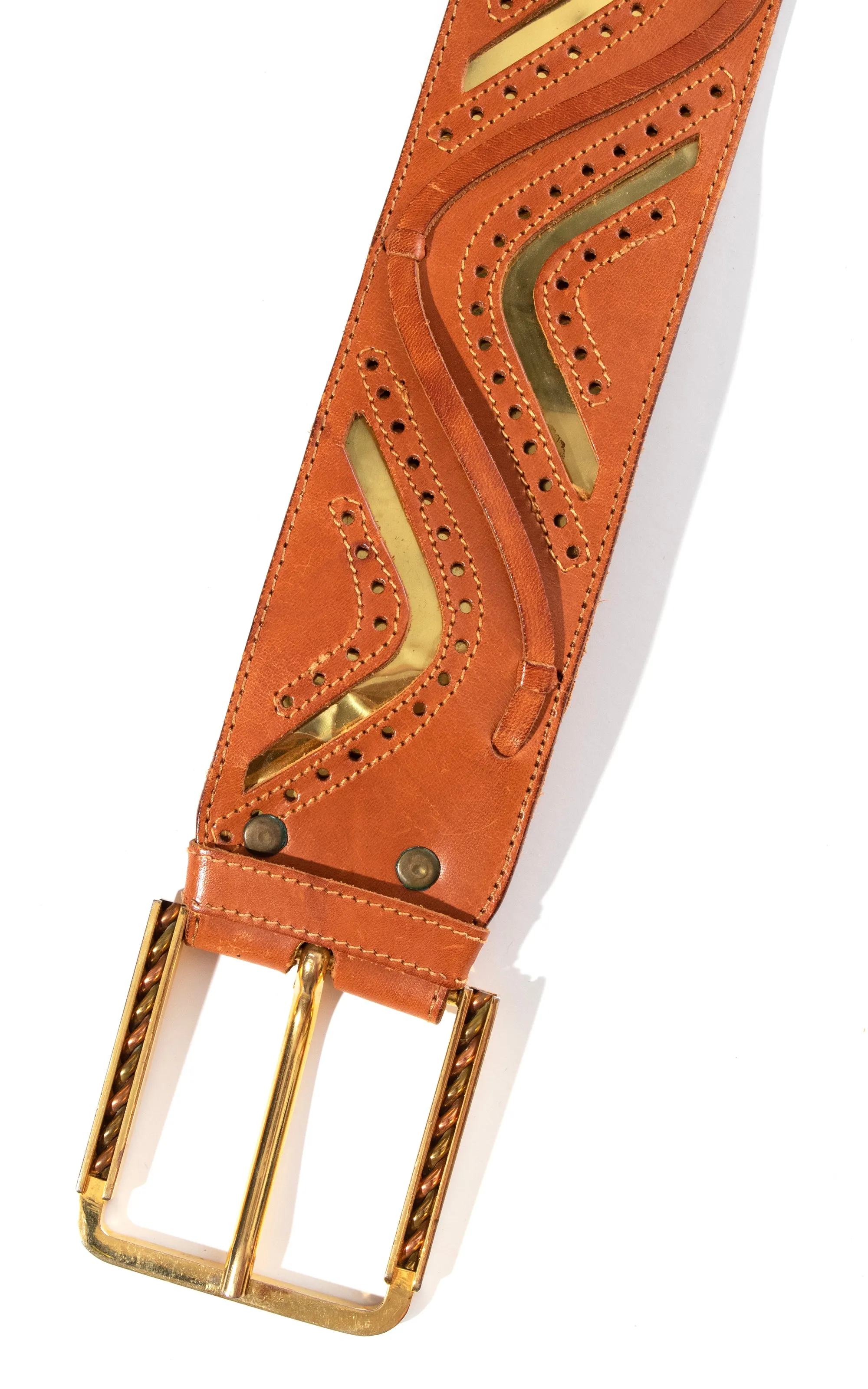 1970s Gold Foil & Brown Leather Cinch Belt | medium