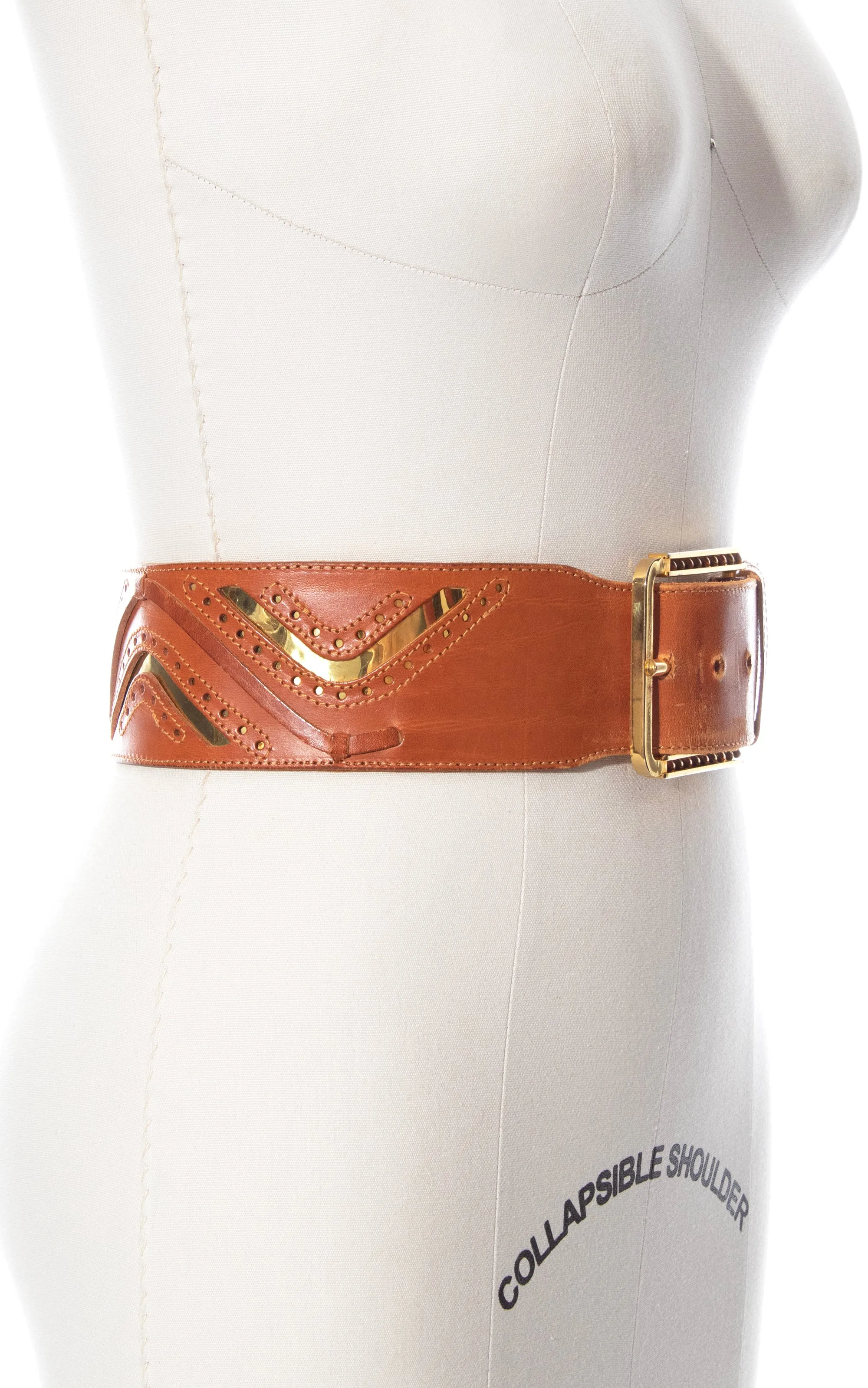 1970s Gold Foil & Brown Leather Cinch Belt | medium