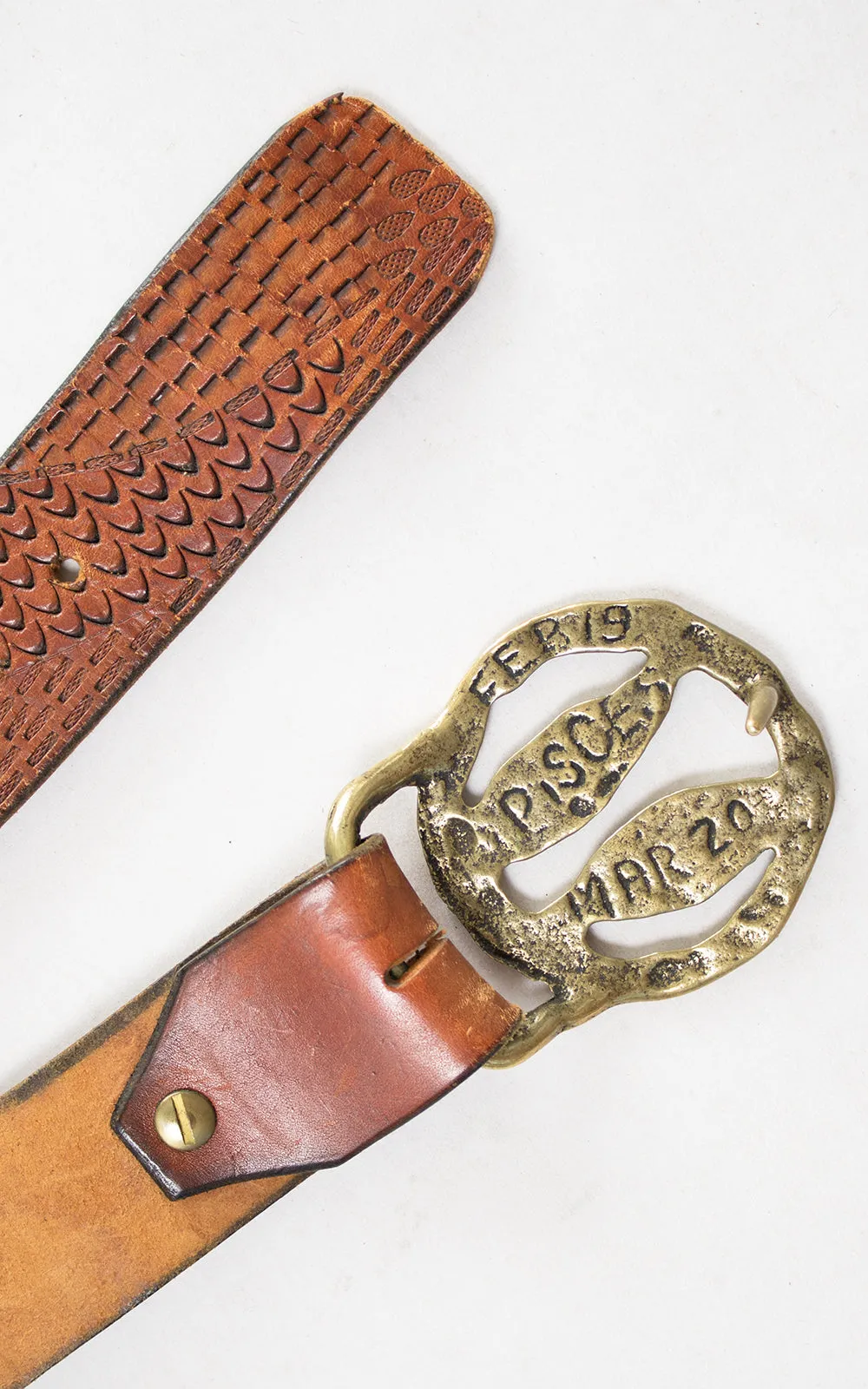 1970s Pisces Astrology Tooled Leather & Brass Belt | small/medium/large