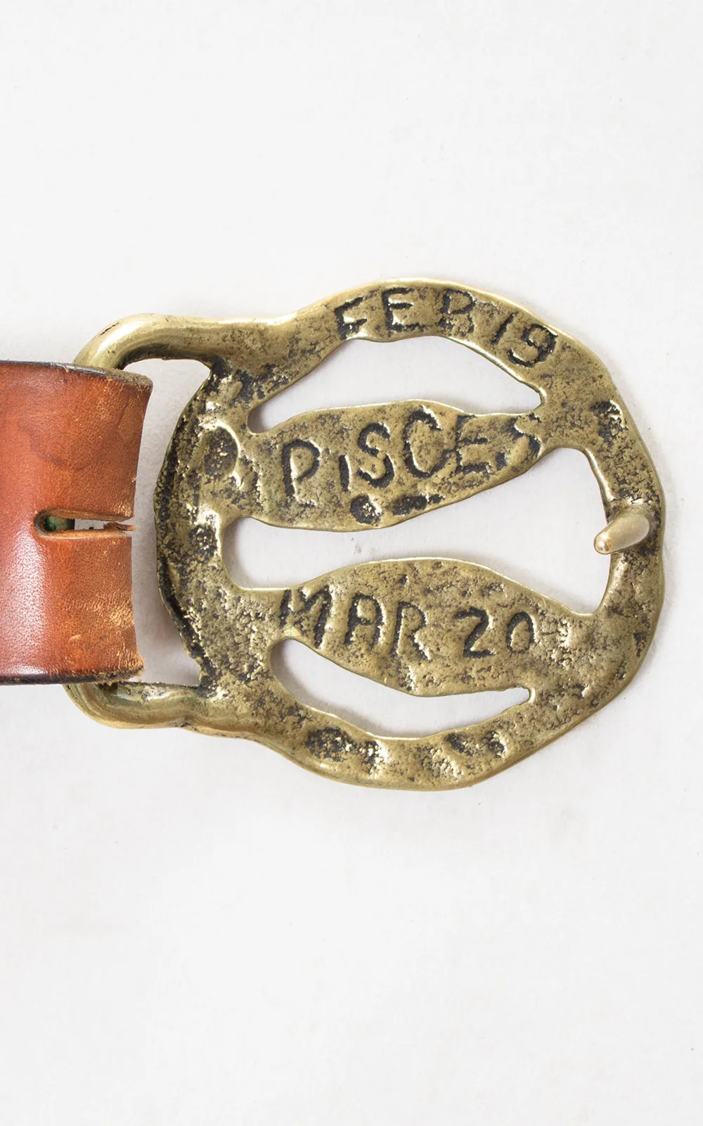 1970s Pisces Astrology Tooled Leather & Brass Belt | small/medium/large