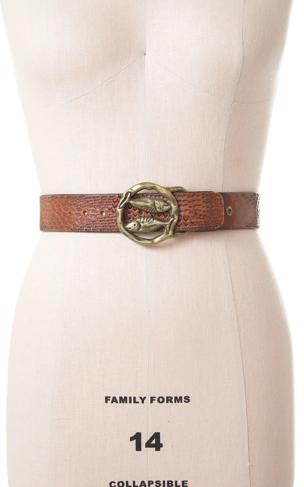 1970s Pisces Astrology Tooled Leather & Brass Belt | small/medium/large