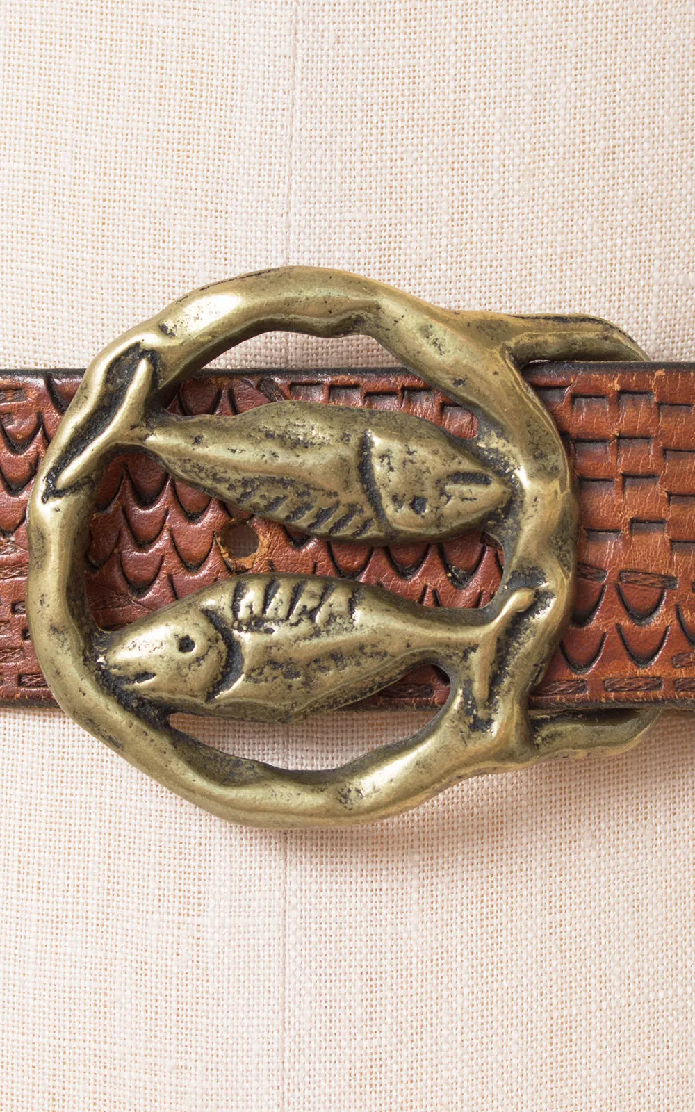 1970s Pisces Astrology Tooled Leather & Brass Belt | small/medium/large
