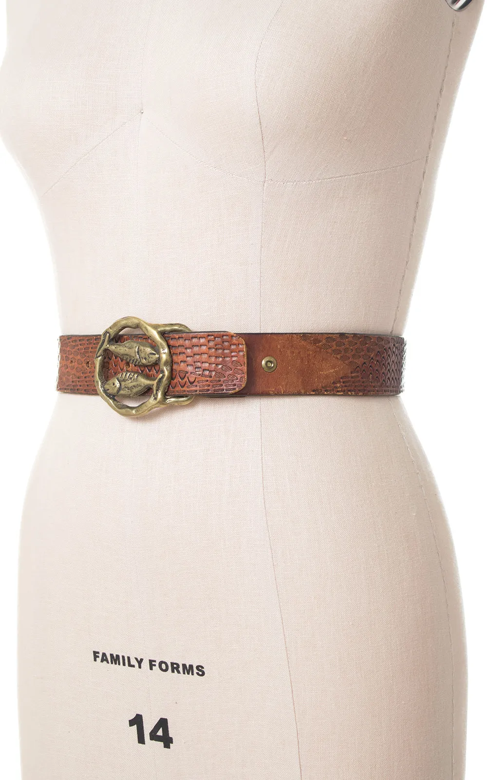 1970s Pisces Astrology Tooled Leather & Brass Belt | small/medium/large