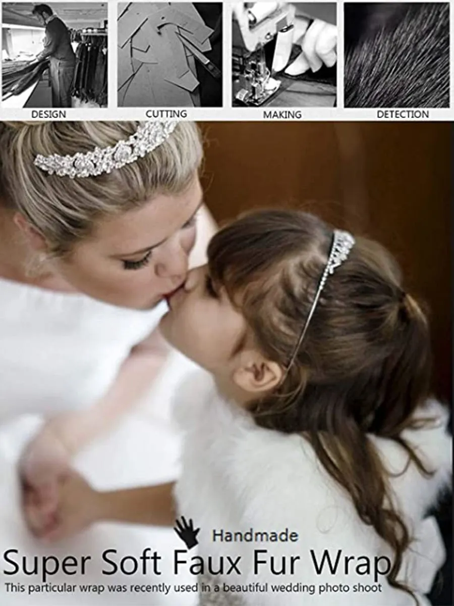 2025 Elegant White Faux Fur Bridal Shawl with Crystal Brooch
