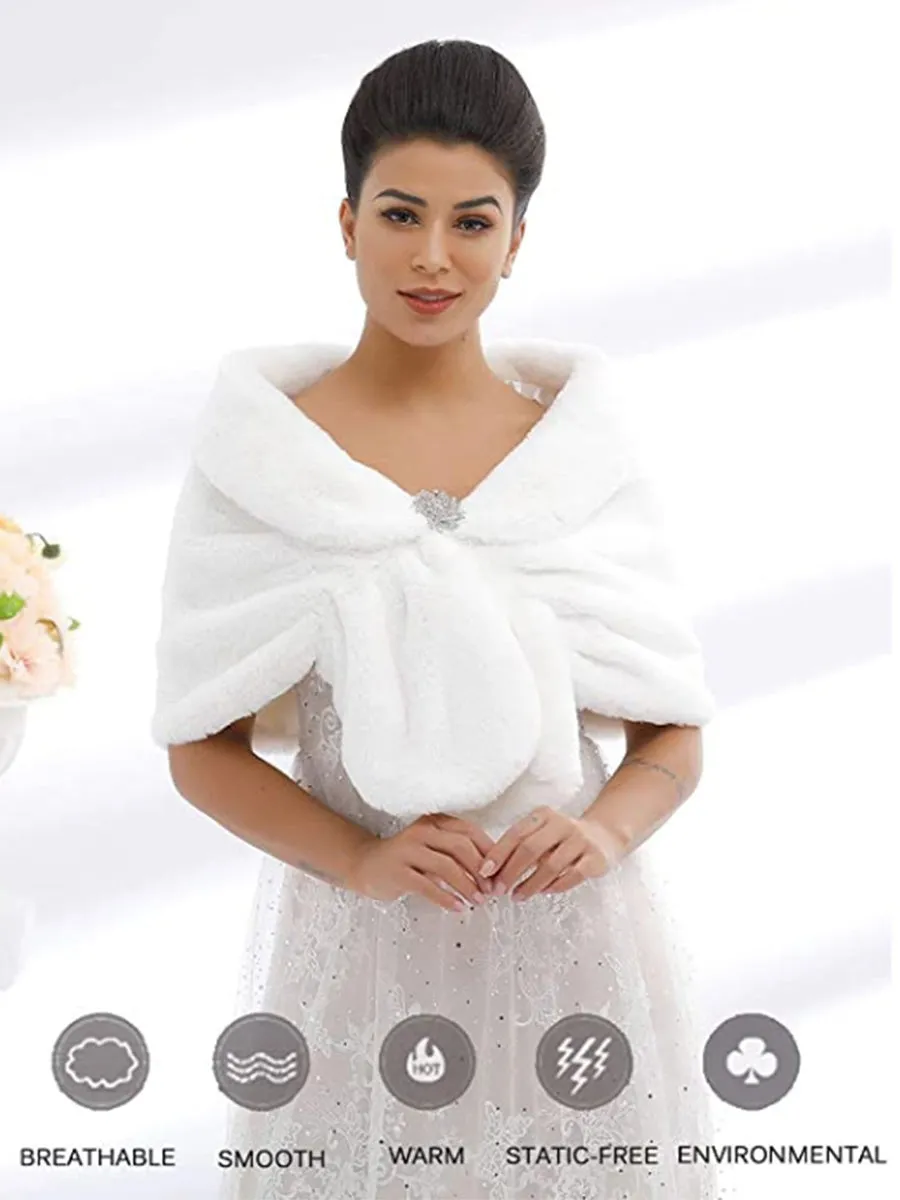 2025 Elegant White Faux Fur Bridal Shawl with Crystal Brooch