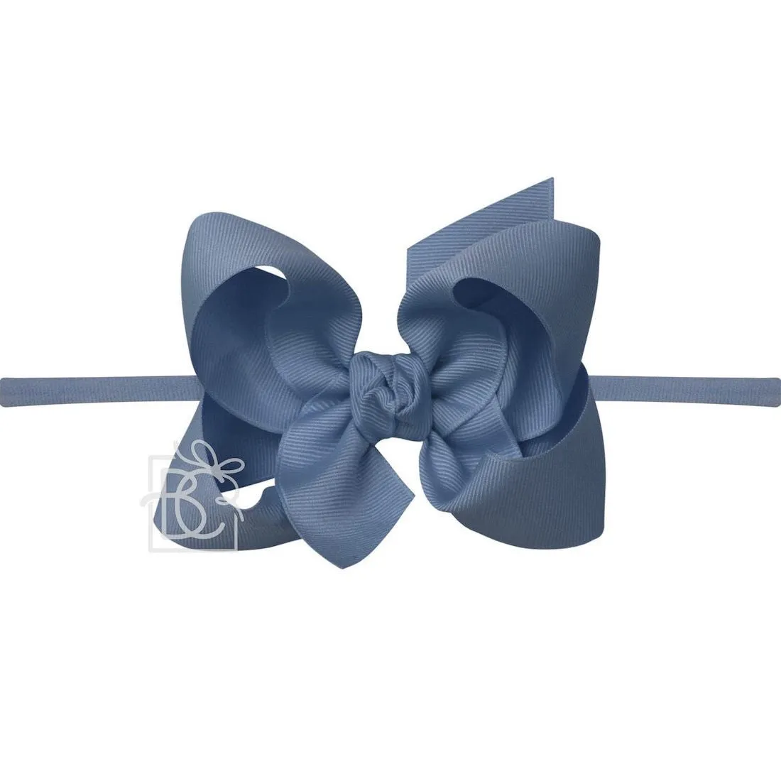 Beyond Creations Girls 1/4" Pantyhose Headband with Attached Grosgrain Bow - Smoke Blue