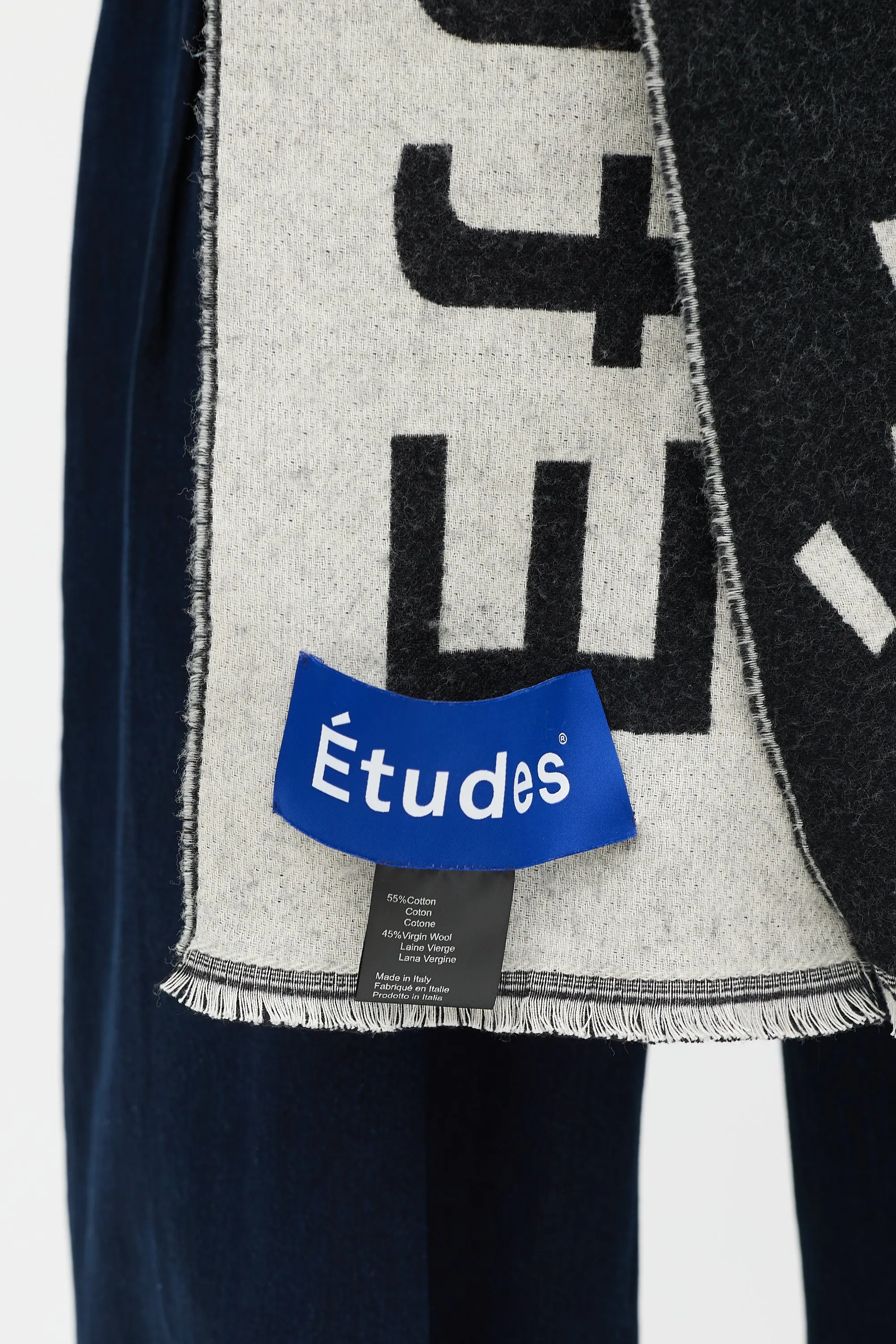 Black & Grey Cotton & Wool Logo Fringe Scarf