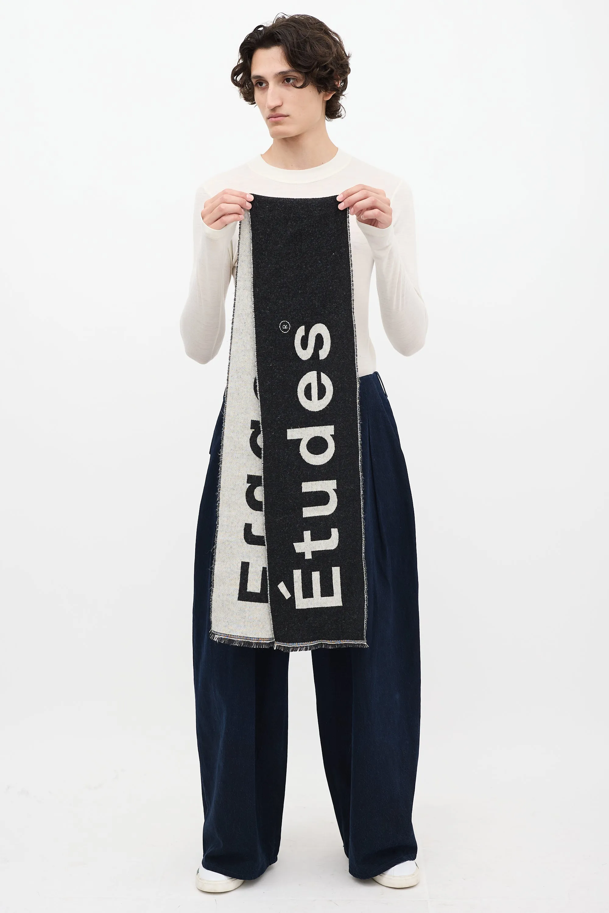 Black & Grey Cotton & Wool Logo Fringe Scarf