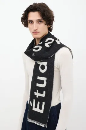 Black & Grey Cotton & Wool Logo Fringe Scarf