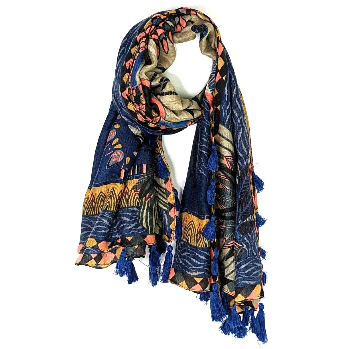 Cosmic Aztec style scarf with tassel edged corners